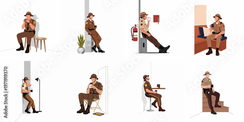 Collection of flat vector illustrations depicting a park ranger or security guard in uniform taking coffee breaks and resting in various poses.