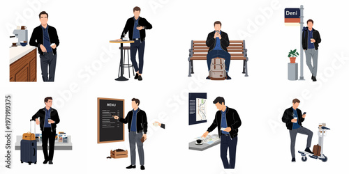 Set of flat vector illustrations depicting a young man traveling, commuting, and drinking coffee in various urban and transit environments like airports and cafes.