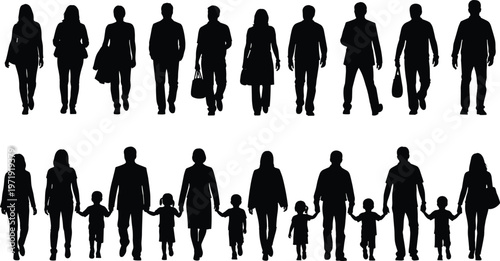 Collection of people silhouettes walking including families men women and children isolated vector set for lifestyle, parenting and urban design