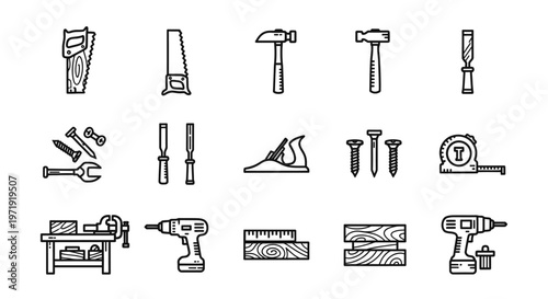 Set of woodworking tools icons, DIY and carpentry equipment line art