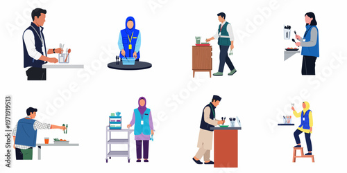 Flat illustration set of diverse restaurant and catering staff members performing various food service duties such as organizing cutlery and serving meals.