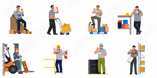 Set of Warehouse and Logistics Workers in Uniform Taking a Break to Eat Noodles at the Workplace