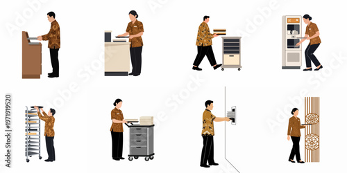 Professional Indonesian hospitality staff in traditional batik uniforms performing diverse service duties in a restaurant or hotel setting, flat vector illustration.