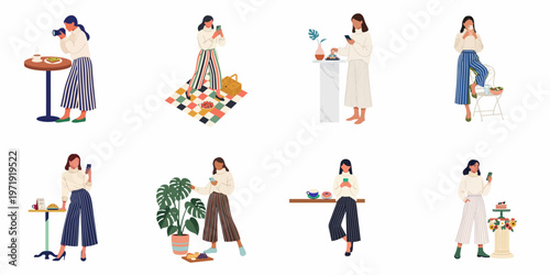 A collection of flat illustrations featuring a woman in stylish outfits taking photos of food and plants for social media content creation.