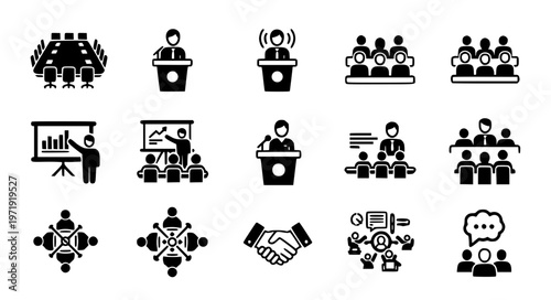 Meeting glyph solid icon vector set business teamwork EPS10 isolated on white