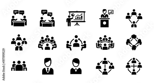 Stylized meeting business solid glyph vector icon set EPS10 isolated on white