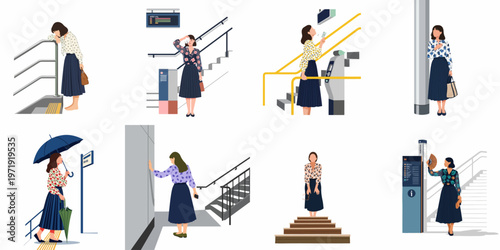 Illustration set showing a woman experiencing various symptoms of illness and fatigue while commuting in a subway station.