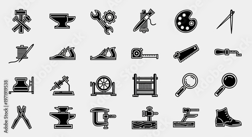 Set of Vintage Tools Icons: Black and White Craftsmanship and Industry Symbols