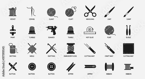 Sewing and Crafting Icons Set: Knitting, Crochet, Sewing Machine, Scissors, Needles