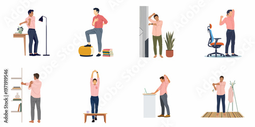 Collection of flat illustrations showing a man performing various desk stretches and exercises to improve posture and relieve stress in a home office setting.