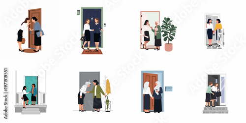 Flat Vector Illustration Set of Diverse Women Greeting Each Other, Talking, and Welcoming Visitors at Various Front Door Entrances