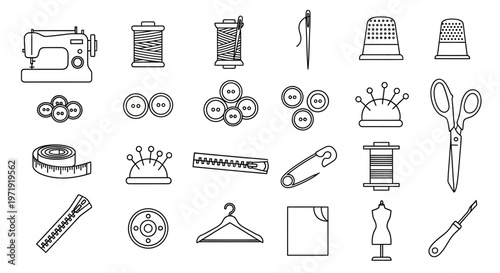 Sewing and Crafting Icons: Sewing Machine, Threads, Scissors, Needles, Thimbles