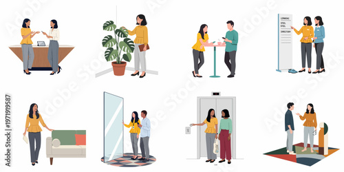 Flat vector illustration set of people in a modern office environment, including meetings, reception, elevator, and common areas.