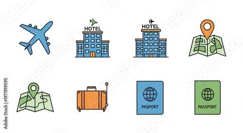 Travel and tourism icons set including airplane hotel map luggage and passport on white background for travel agency or website design