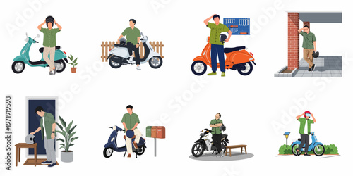 Collection of flat vector illustrations depicting a male character with various scooters and motorcycles in different daily life, workshop, and travel scenarios.