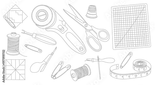 Sewing and Quilting Tools Drawing - Scissors, Rotary Cutter, Threads, Thimble