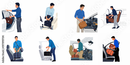 Illustration set of a businessman placing and retrieving briefcases from a car, depicting professional commute, travel, and urban lifestyle in a flat design style.