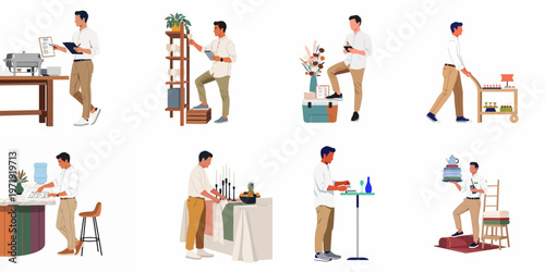 Flat illustration set of a professional male event coordinator or catering staff member performing various tasks for banquet preparation and hospitality service.
