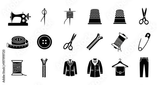 Sewing and Tailoring Icons: Machine, Scissors, Thimble, Zipper, Clothes