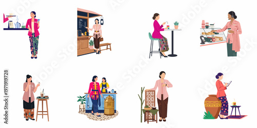 Flat vector illustration set of modern Indonesian women in traditional kebaya working and relaxing in various cafe and hospitality settings.