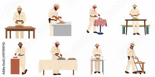 Set of illustrations of a man in vintage safari explorer outfit carving and serving roasted chicken at various tables