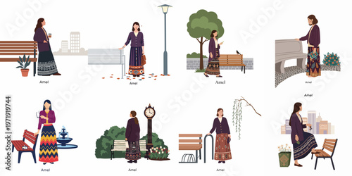 Set of flat vector illustrations featuring a young woman in bohemian-style clothing posing in various city park and urban outdoor environments.