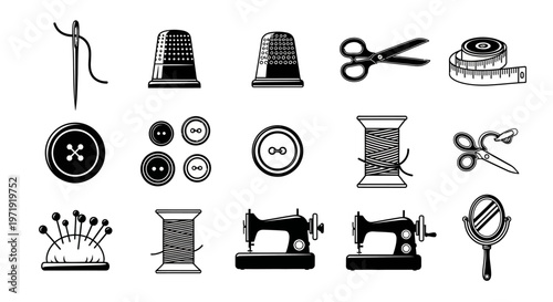 Sewing and Tailoring Tools Icons: Needle, Thimble, Scissors, Tape Measure, Buttons, Spools, Machine