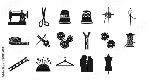 Sewing Icons: Machine, Scissors, Buttons, Thimbles, Zipper, Spool, Needle, Mannequin