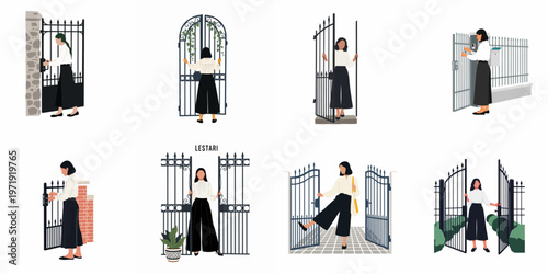 Vector illustration set of a woman opening and closing various metal gates, representing themes of entrance, opportunity, and transitions.
