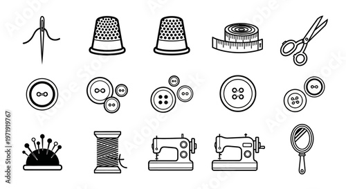 Sewing Icons Set: Needle, Thimbles, Scissors, Buttons, Machine, Spool