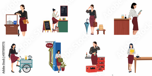 Set of flat vector illustrations featuring a businesswoman in various daily life scenarios related to Indonesian street food and dining culture.