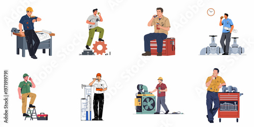 Set of industrial workers and technicians taking a lunch break, eating snacks, and drinking coffee at various workstations and construction sites.