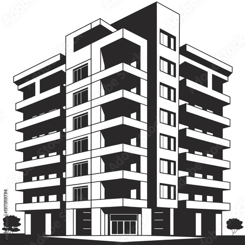 Modern multi-story building with numerous windows and balconies isolated on white background, Vector, illustration