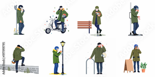 Set of flat illustrations featuring a man in a parka and helmet during various urban activities and rainy weather conditions.