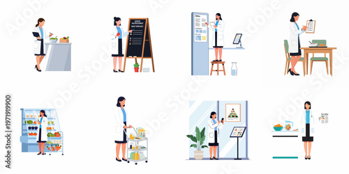 Set of flat vector illustrations of nutritionists in various professional settings, planning healthy meals and managing office nutrition programs.