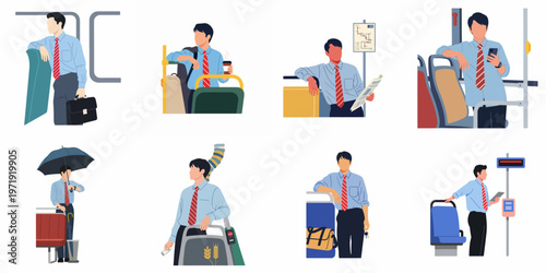 Flat vector illustration set of a businessman in various commuting scenarios on public transport like bus and train, holding a phone, newspaper, and coffee.