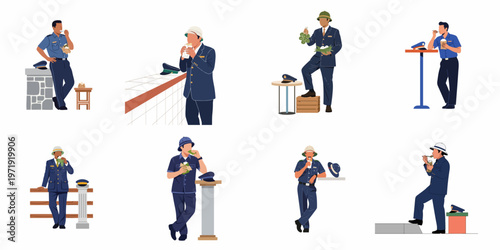 Flat vector illustration set of uniformed workers on their meal break, eating and drinking in various casual settings.