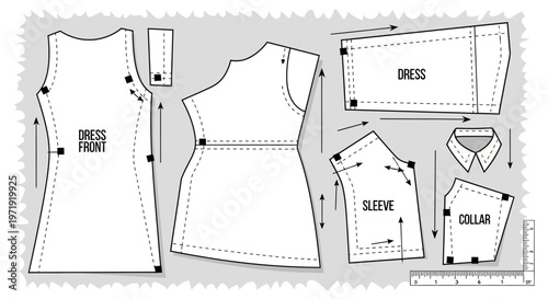 Sewing Pattern Pieces for a Dress: Front, Sleeve, Collar, and Skirt