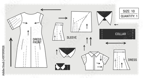 Sewing Pattern for a Dress: Front, Sleeve, Collar, and Skirt Pieces
