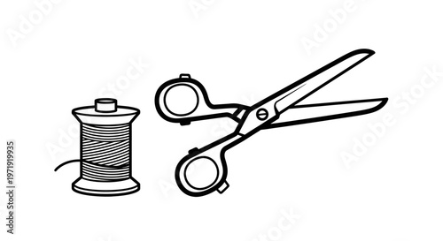 Sewing Scissors and Thread Spool Isolated on White Background, Craft Supplies