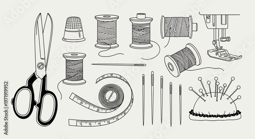 Sewing Supplies Illustration: Scissors, Thread Spools, Needles, Thimble, Measuring Tape, Pin Cushion