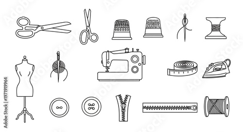 Sewing Tools and Equipment Collection: Icons and Illustrations