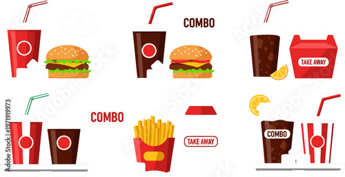 Fast Food Combo Set Featuring Burger Fries Soda Coffee and Takeaway Meal Packaging Street Food Vector Illustration Collection