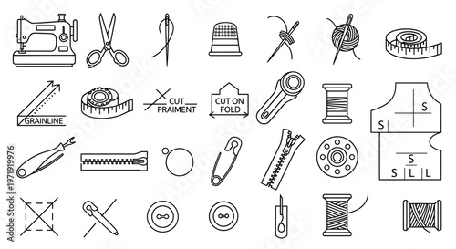 Sewing Tools and Notions Icon Set: Handmade Craft Supplies and Tailoring Equipment