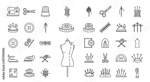 Sewing Tools and Supplies Icons Set - Crafting and Tailoring Equipment