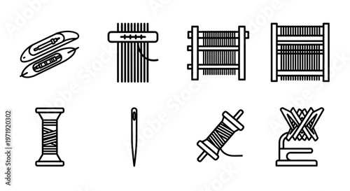 Textile Crafting Icons: Weaving Loom, Bobbin, Shuttle, Needle