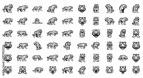 Tiger Icons Set: Various Poses and Expressions, Vector Art Collection