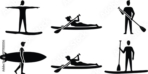 Black silhouette illustration of people surfing, paddleboarding, and kayaking with boards and paddles, symbolizing water sports artwork, outdoor design, recreational creativity, and adventure projects