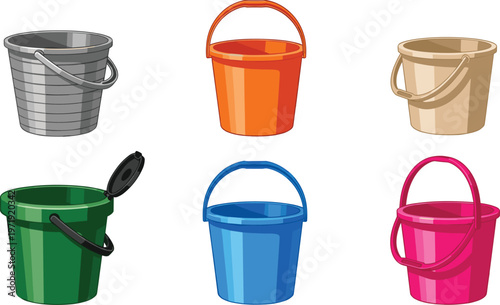 Plastic and Metal Bucket Set with Colorful Pails and Handles in Flat Style for Household Illustration, Cleaning Design, and Utility Container Collection