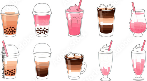 Milkshake and Bubble Tea Drink Set Featuring Iced Coffee Smoothies Layered Beverages and Dessert Drinks in Cups and Glasses Vector Illustration